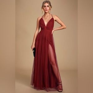 Rare Beauty Burgundy Tulle Backless Maxi Dress from Lulu’s!!!